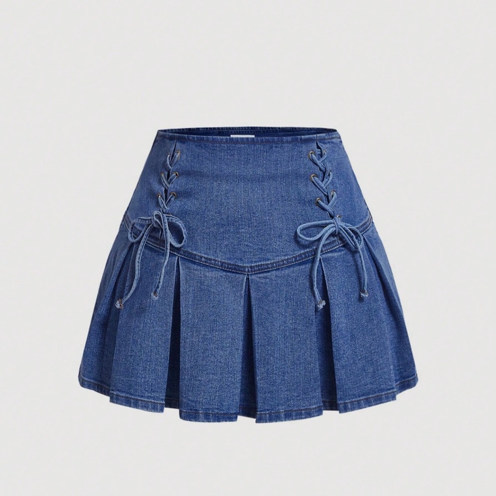 SHEIN Blue Skater Mini Skirt with Pleated Tie Front